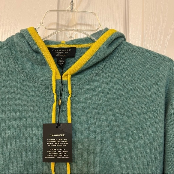 Charter Club 100% Cashmere Color-Block Trimmed Hooded Sweater in Green/Yellow - Picture 6 of 6